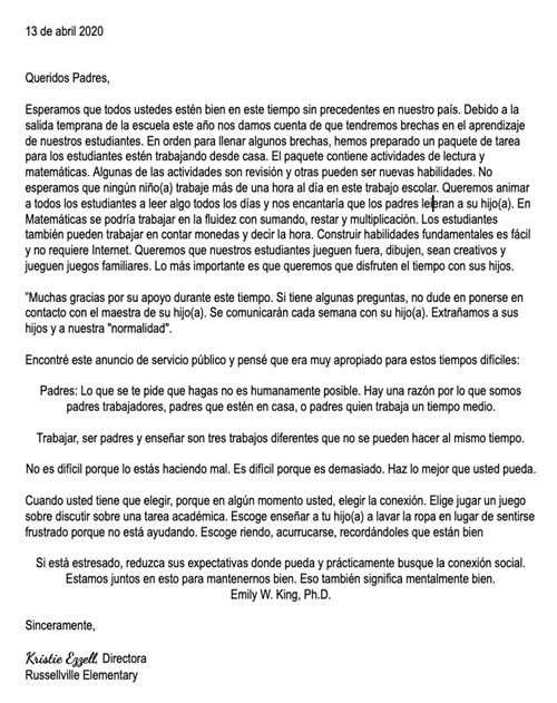 Letter from Mrs. Ezzell Spanish 